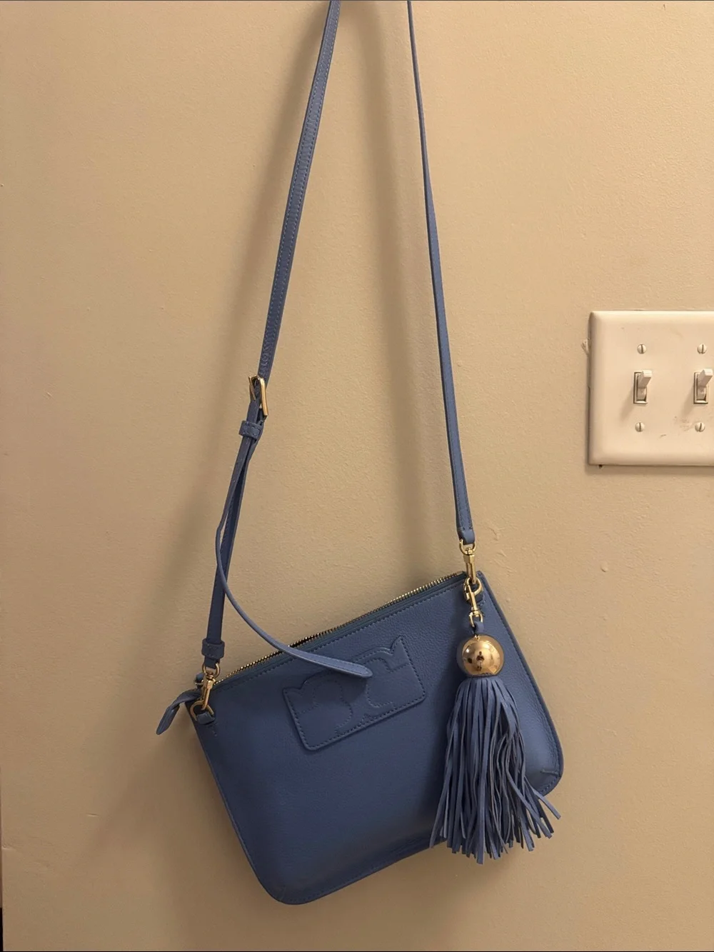 Tory Burch Light Blue Pebbled Leather Crossbody with Tassel